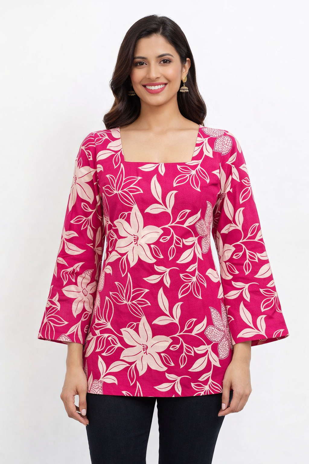 Pink Floral Printed Square Neck Tunic for Women