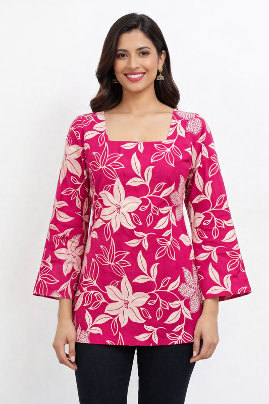 Pink Floral Printed Square Neck Tunic for Women