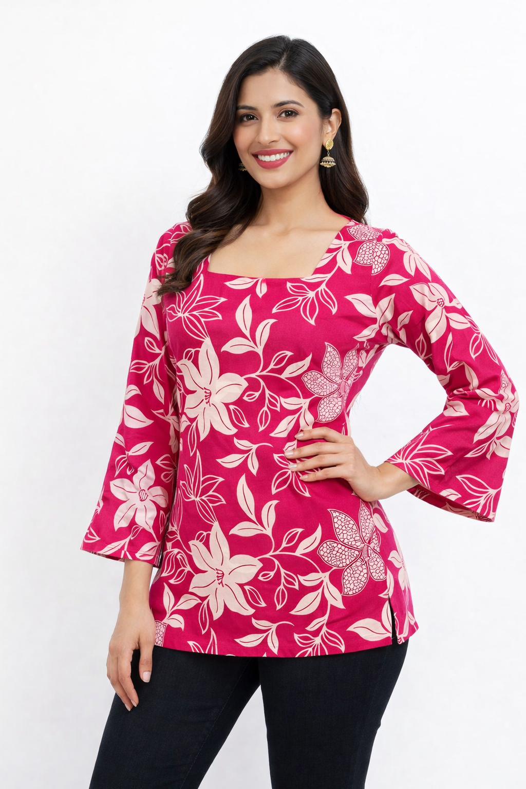 Pink Floral Printed Square Neck Tunic for Women