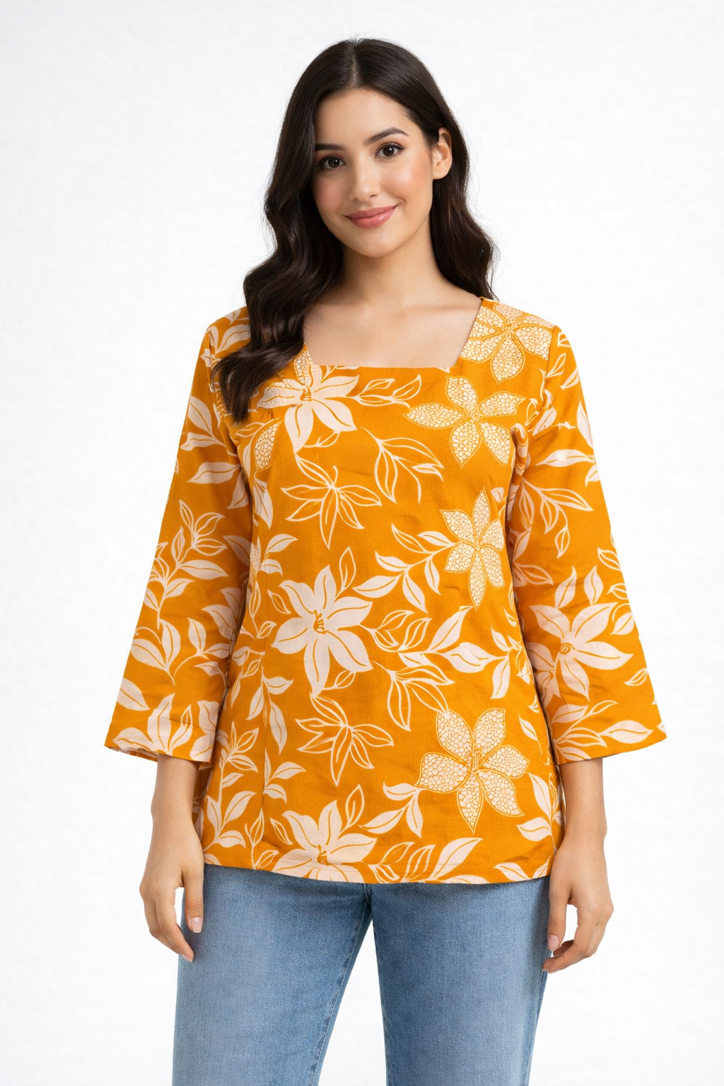 Mustard Yellow Floral Printed Square Neck Tunic for Women