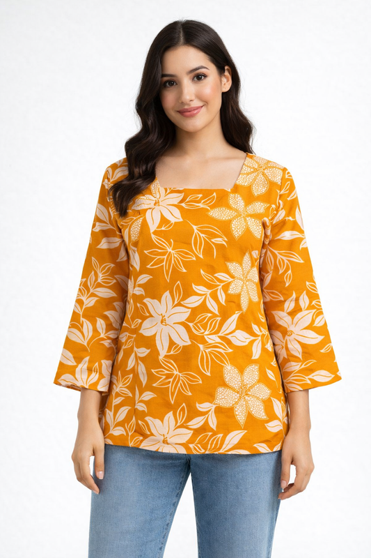 Mustard Yellow Floral Printed Square Neck Tunic for Women