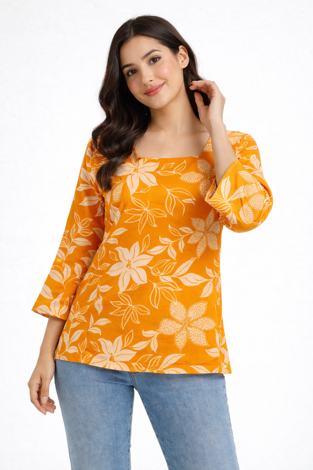 Mustard Yellow Floral Printed Square Neck Tunic for Women