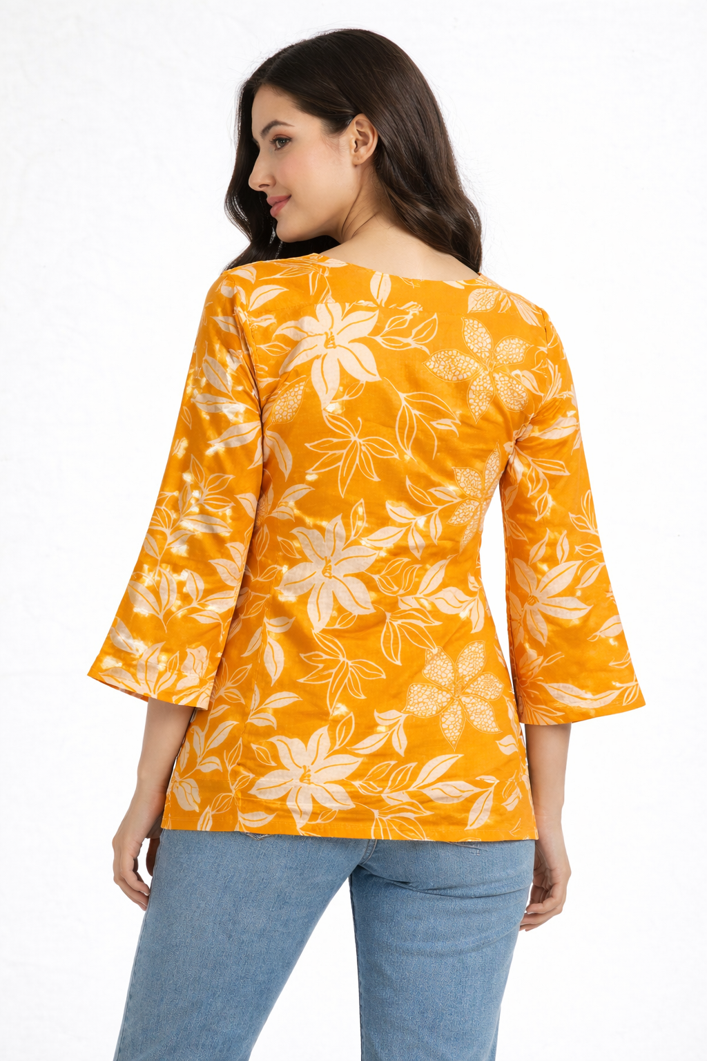 Mustard Yellow Floral Printed Square Neck Tunic for Women