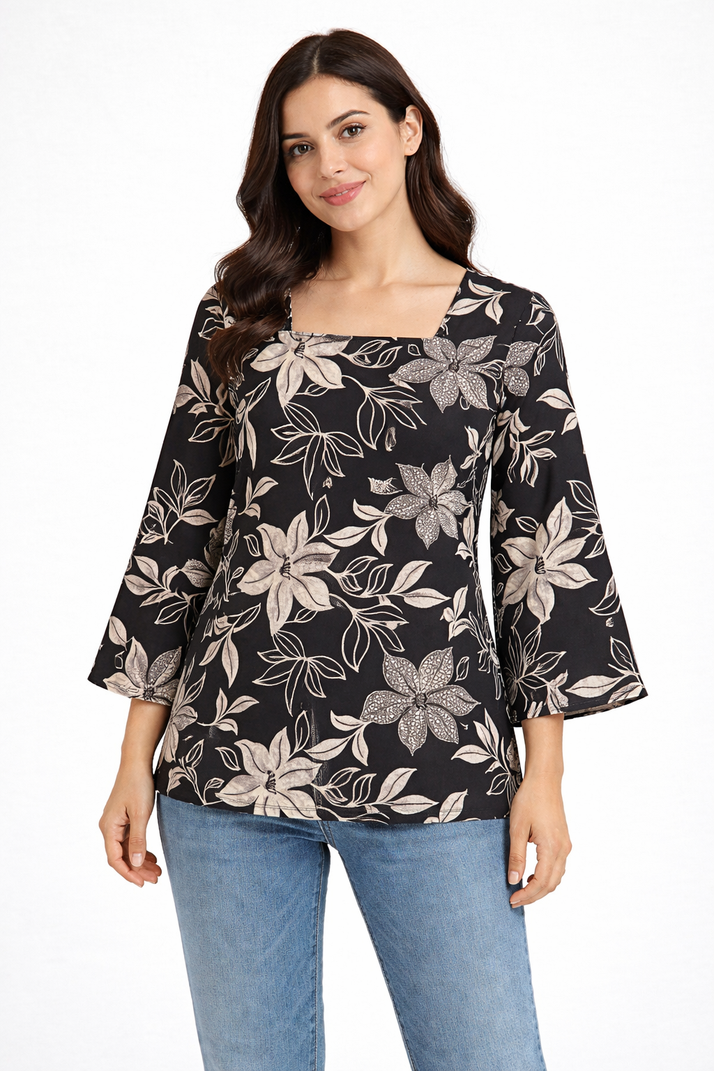 Black Floral Printed Square Neck Tunic for Women