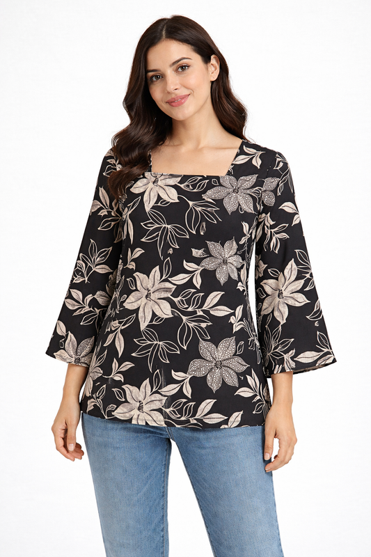 Black Floral Printed Square Neck Tunic for Women