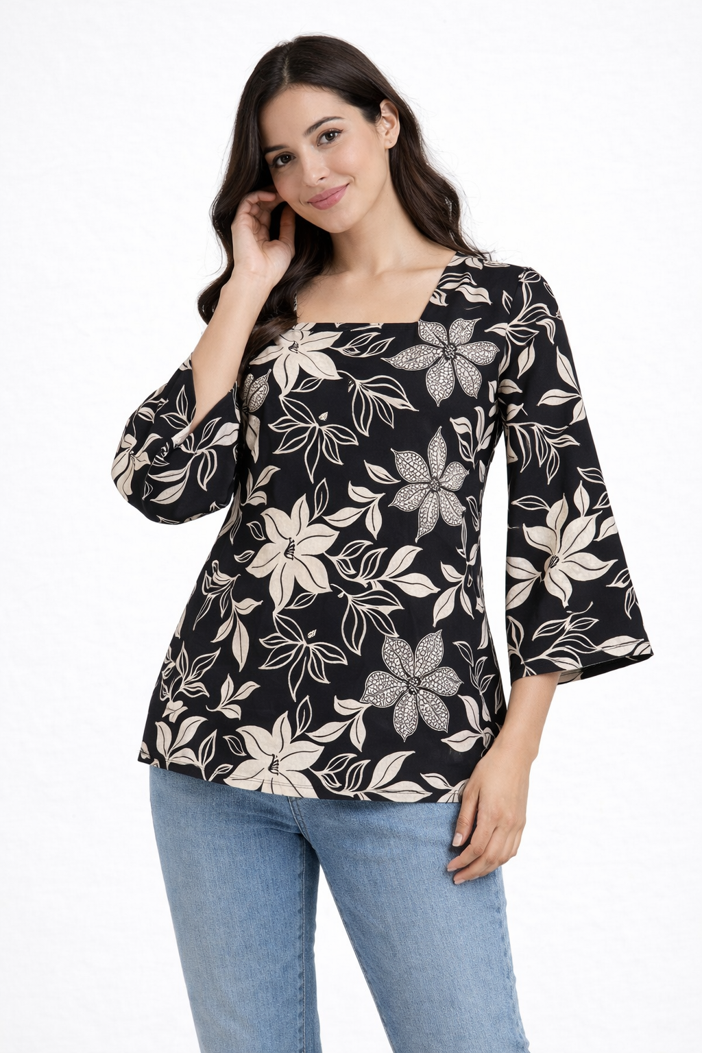 Black Floral Printed Square Neck Tunic for Women