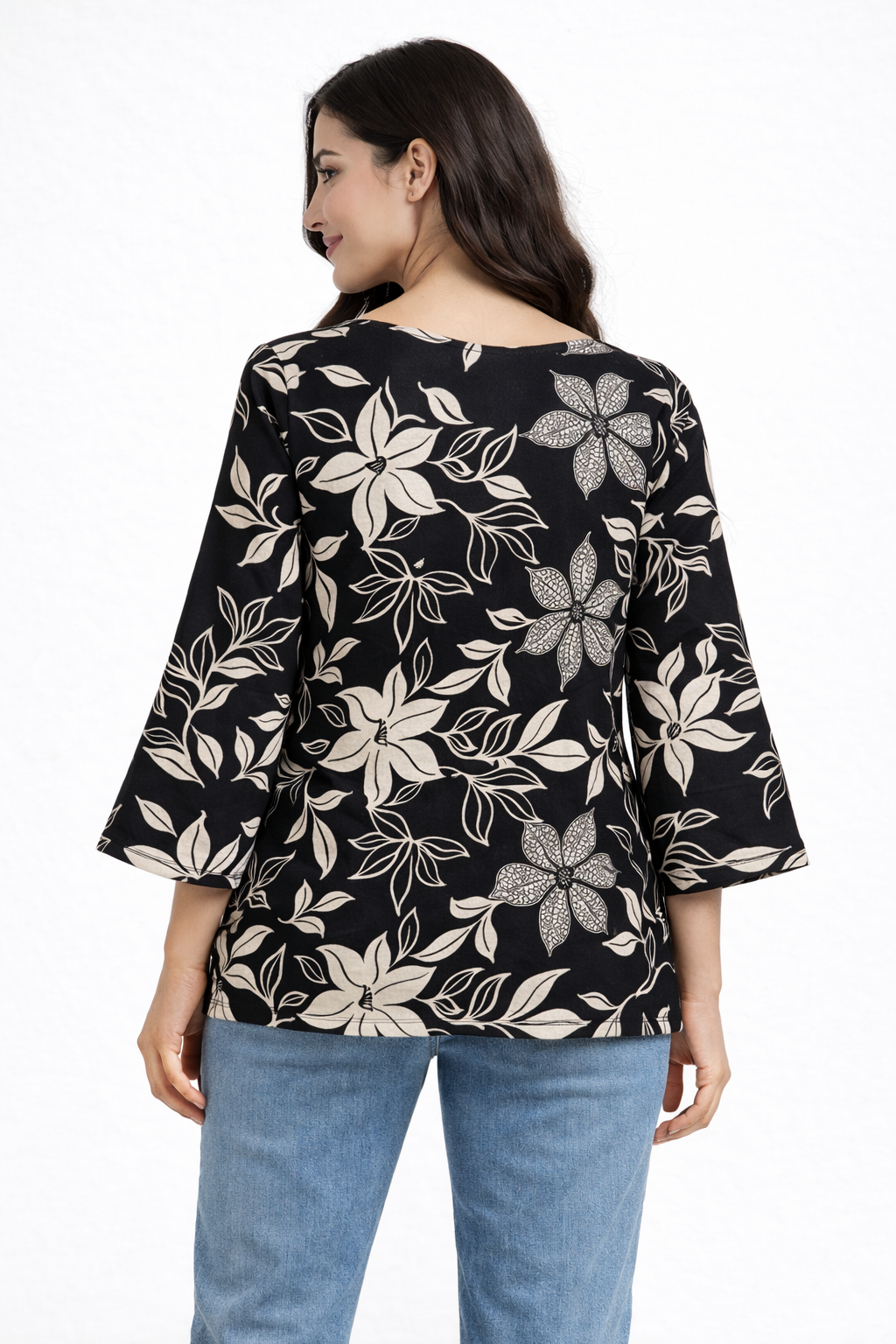Black Floral Printed Square Neck Tunic for Women