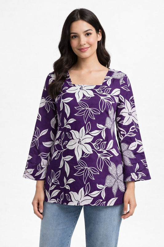 Purple Floral Printed Square Neck Tunic for Women