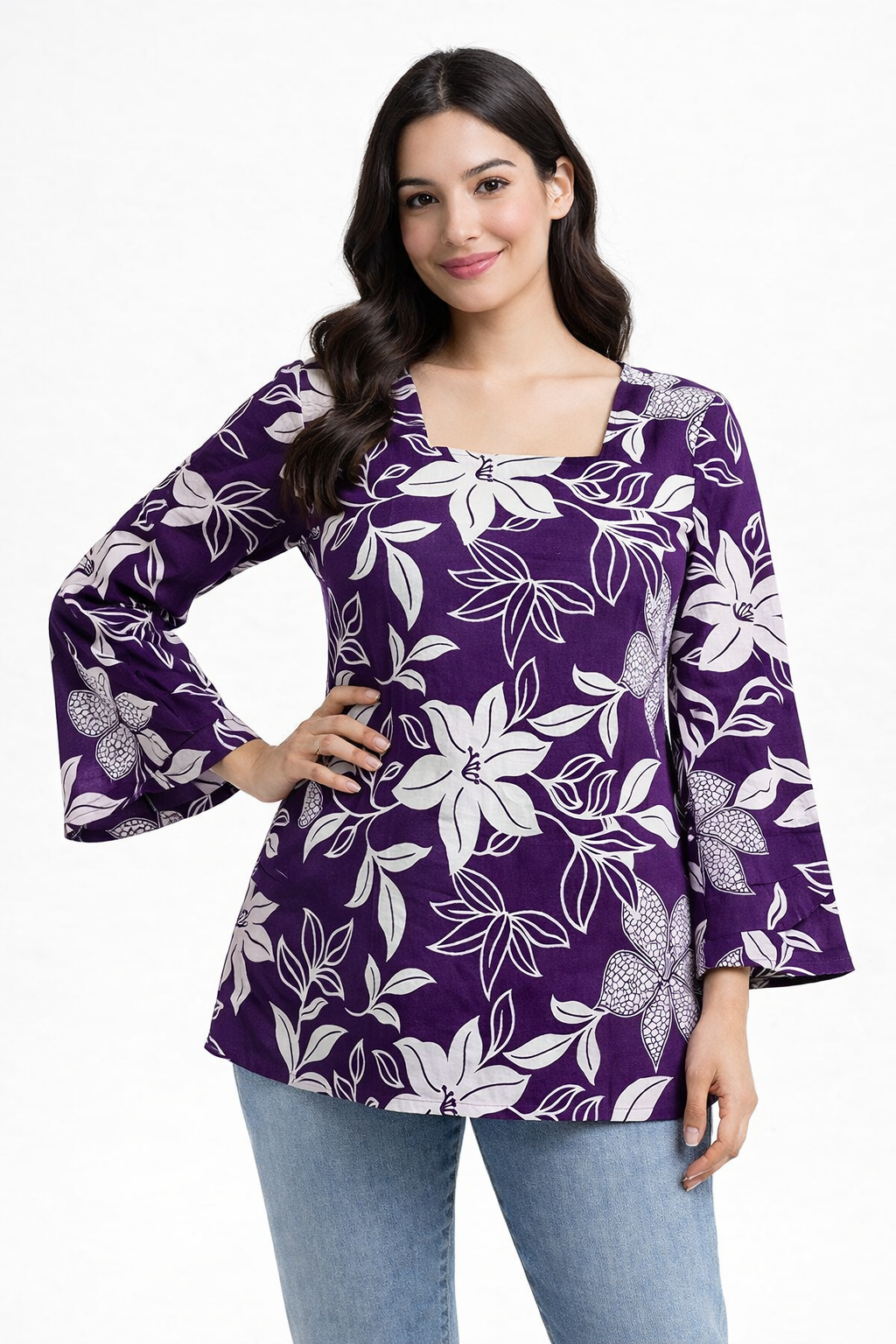 Purple Floral Printed Square Neck Tunic for Women